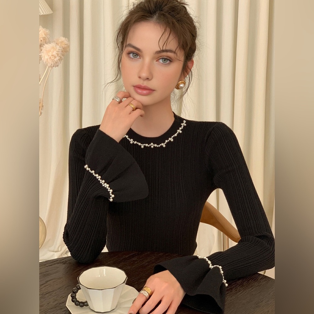 Commense Beaded-Decor Ruffle Knit Top - Picture 3 of 16
